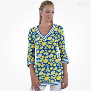 Gretchen Scott V-Neck Royal Blue & Yellow Leaf Split Side‎ Tunic Women’s Size S